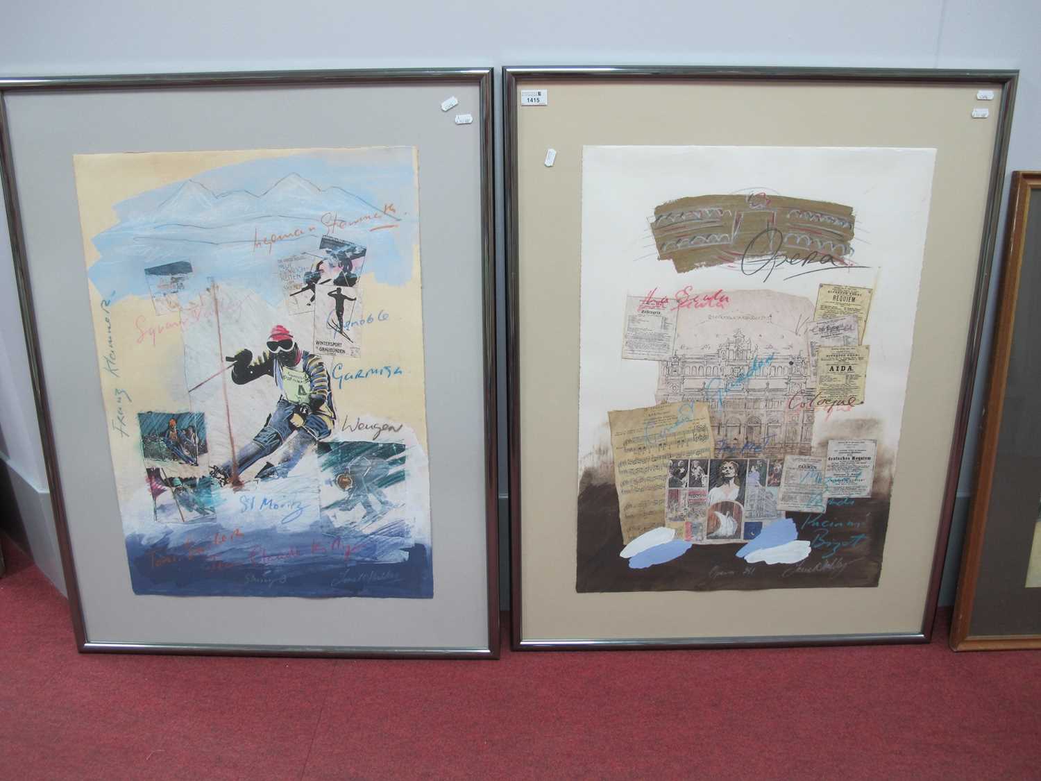 James Hussey, 'Sting 3' and 'Opera 251', a pair of collage style prints, both signed lower right, 75