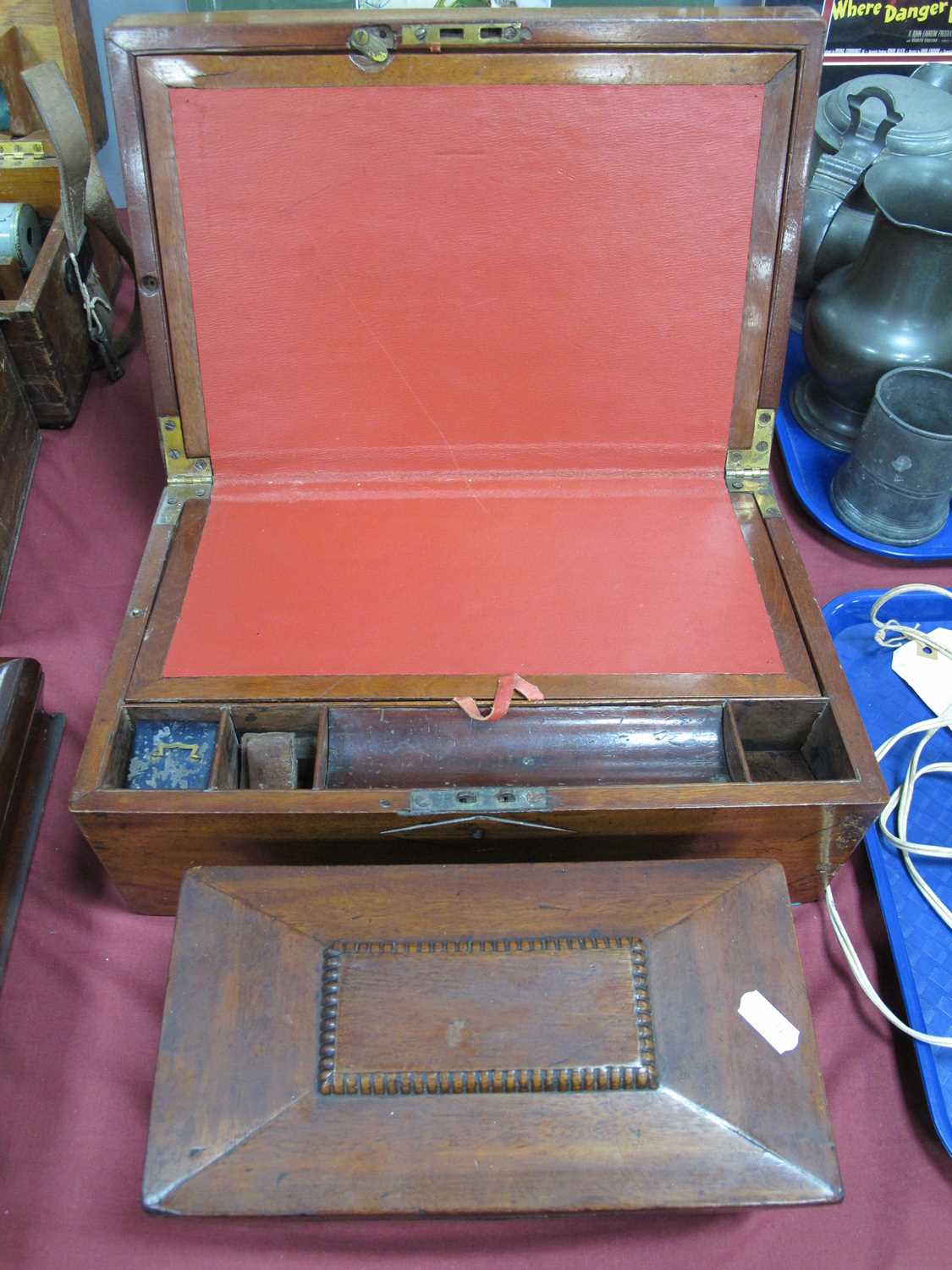 A XIX Century writing slope with red lether to insiden, brass plaque and handles and drawer to one