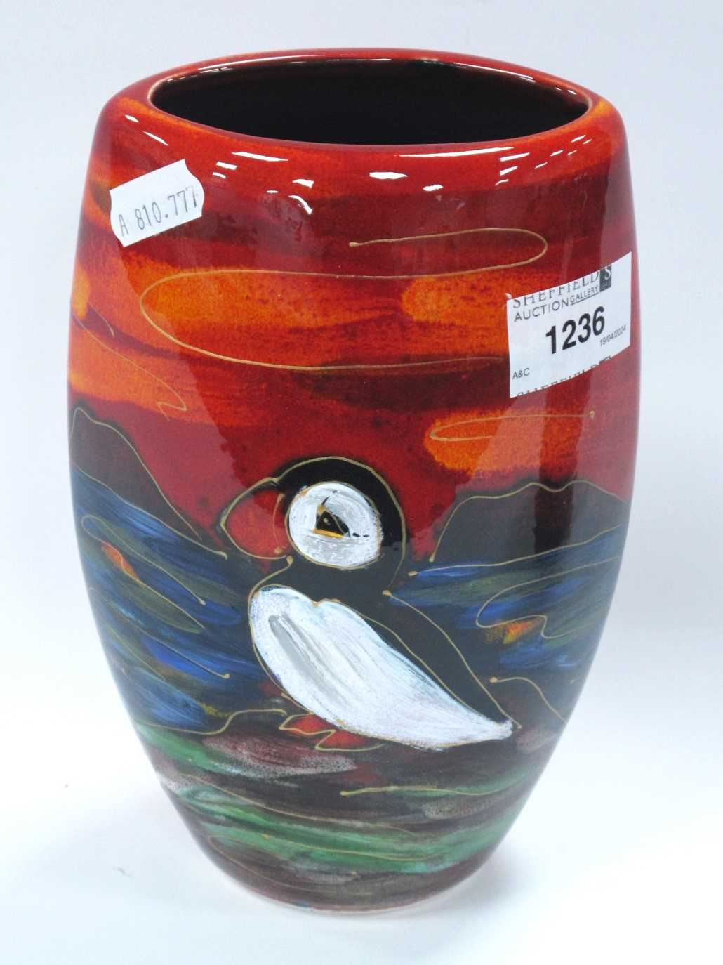 Anita Harris 'Puffin' Oval Vase, gold signed, 19cm high.