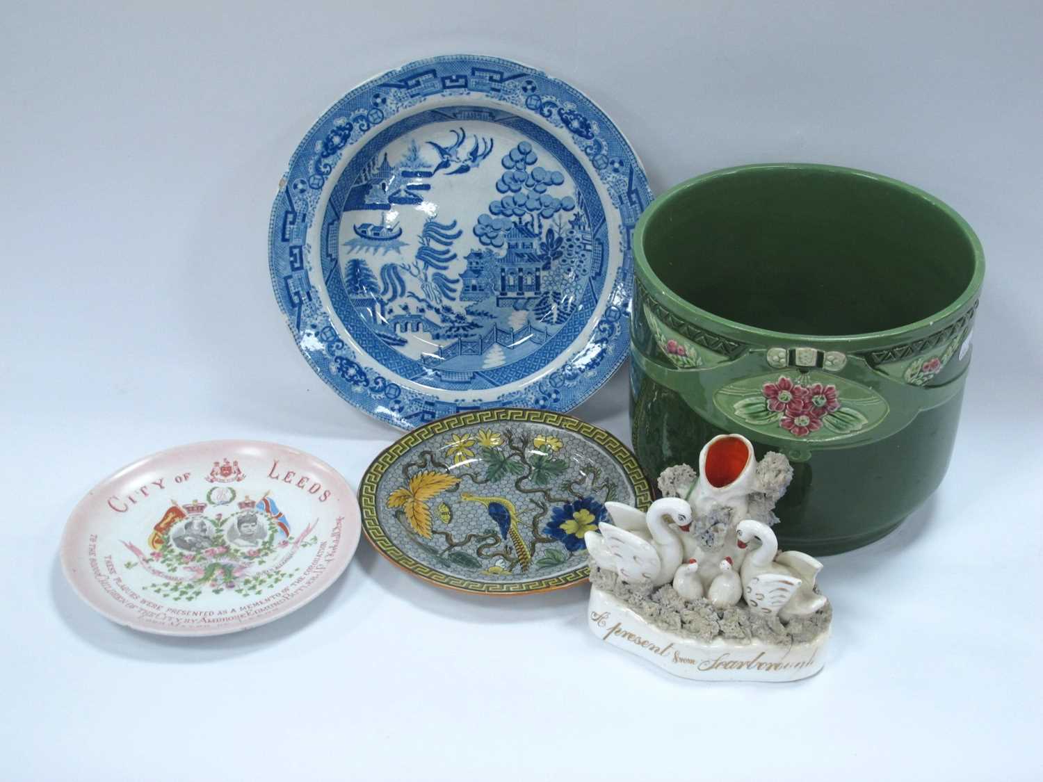 Eichwald Jardiniere, Brameld small plate, Don Pottery blue and white bowl, Hodgson & Son Leeds small