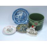 Eichwald Jardiniere, Brameld small plate, Don Pottery blue and white bowl, Hodgson & Son Leeds small