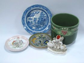 Eichwald Jardiniere, Brameld small plate, Don Pottery blue and white bowl, Hodgson & Son Leeds small