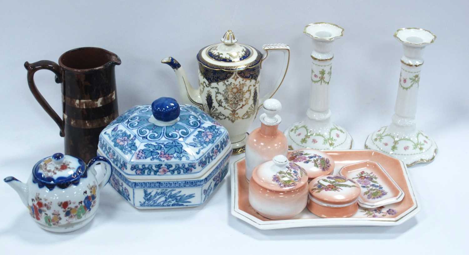 A quantity of mixed ceramics to include a Noritake coffee pot, six piece dressing table set, pair of