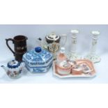 A quantity of mixed ceramics to include a Noritake coffee pot, six piece dressing table set, pair of