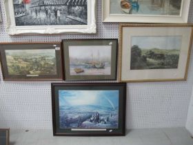 Three Coloured Prints of Sheffield; C. Stevens, watercolour of moored fishing boats, 26 x 36cm. (4)