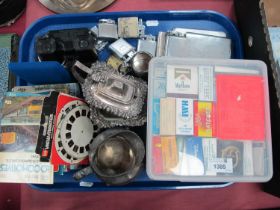 Viewmaster and Cards, chrome cigarette cases, cigarette lighters, matchbooks, boxes, plated ware,