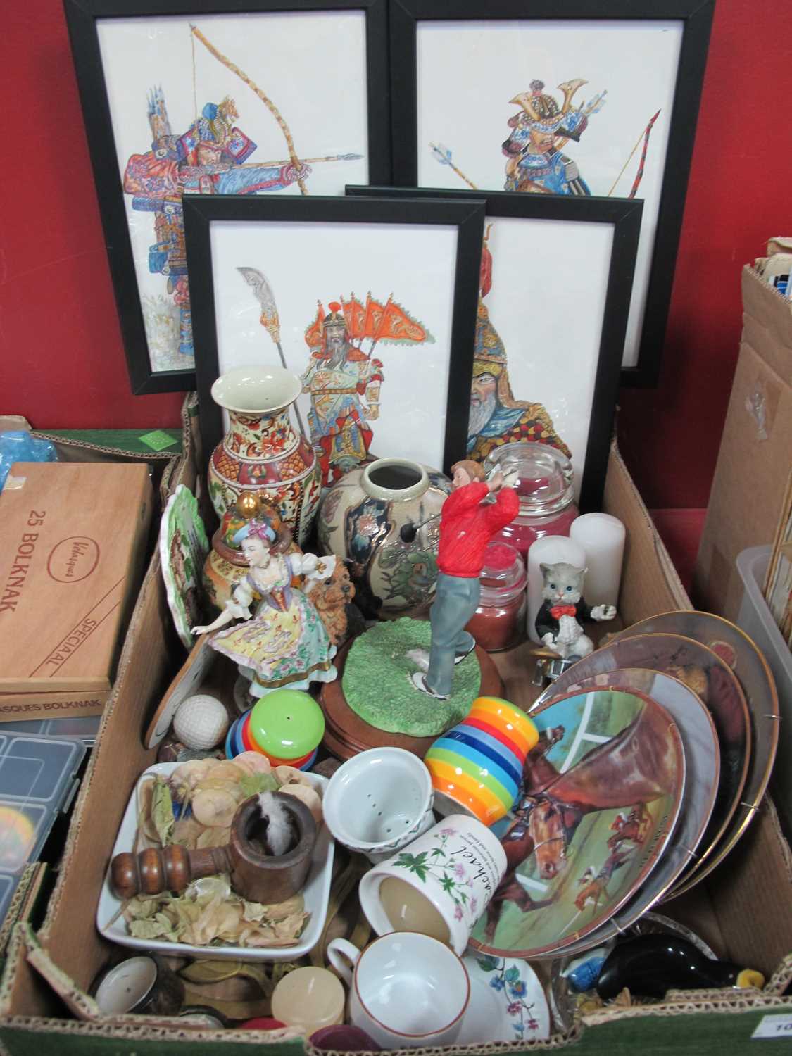 Leonardo Golfer, collectors plates, Samurai watercolours, ceramics, etc:- One Box.
