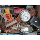 Oak Barometer, lotts bricks, lead soldiers, Dinky plane, vintage car, etc:- One Box.