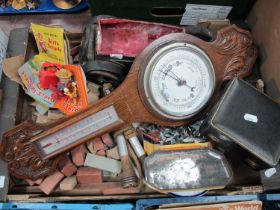 Oak Barometer, lotts bricks, lead soldiers, Dinky plane, vintage car, etc:- One Box.