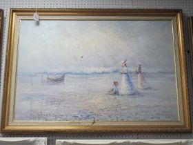 Rossi, Edwardian Period Ladies and Child on Beach, mid to late XX Century oil on canvas, signed