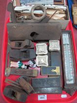 James Howarth, Spear & Jackson, other tools, stamps, Micky Mouse figures, thermometer:- One Tray.