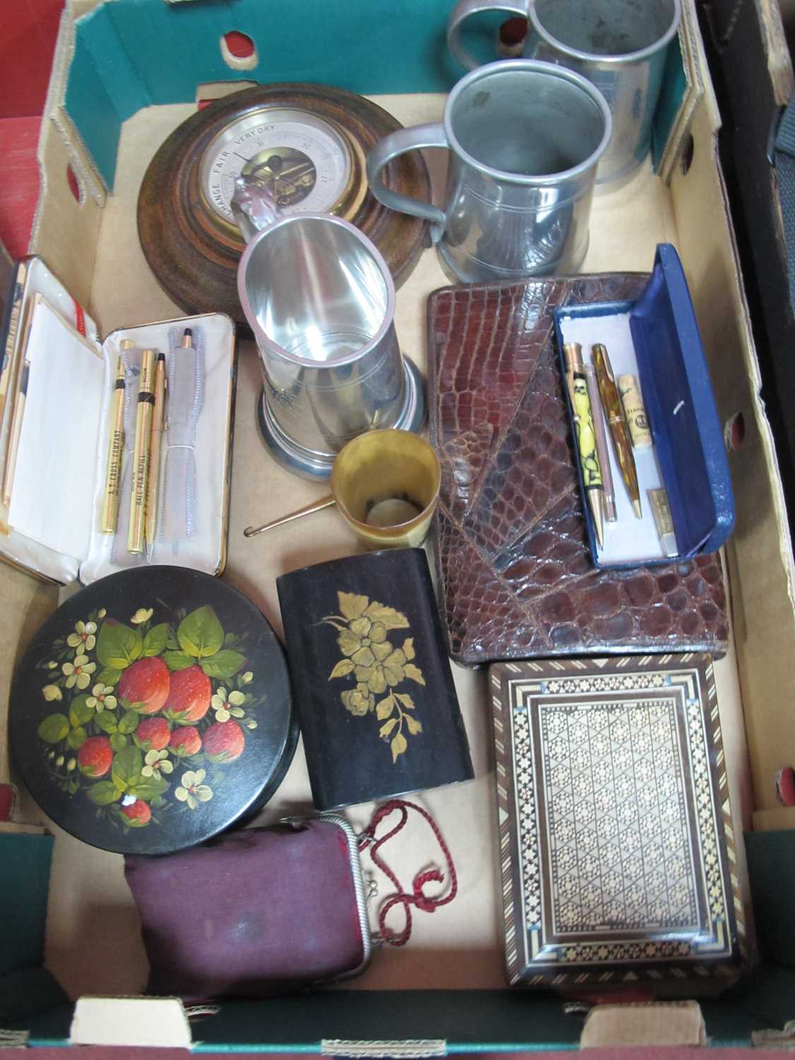 Pewter Tankards, Parker pen reptile skin hand bag, horn cup, barometer, binoculars, etc:- One Box.