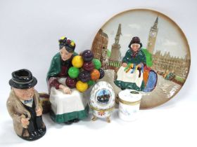 Royal Doulton 'The Old Balloon Seller' Figurine, 'Silks and Ribbons' plate. Winston Churchill toby