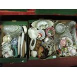 China, glassware, pyrex and other kitchenware, jardinieres, book ends, etc:- Three Boxes.