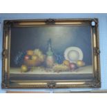 E. Harnett, Still Life of Fruit and Wine Carafe, mid to late XX Century oil on canvas signed lower