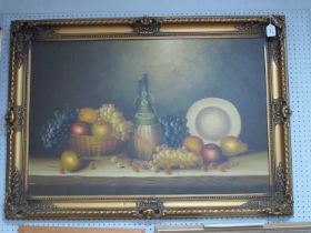 E. Harnett, Still Life of Fruit and Wine Carafe, mid to late XX Century oil on canvas signed lower