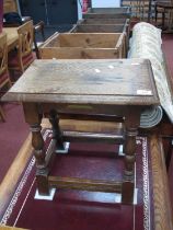 XVII Century Style Oak Joint Stool, with rectangular top on turned and block supports, 45cm wide.