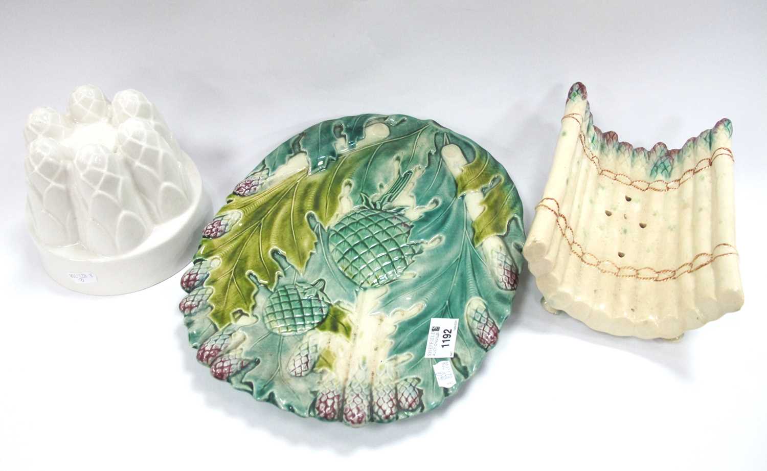 Majolica Asparagus Dish on Stand, 32.5cm long, Burleigh jelly mould