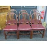 Set of Six (four single, two carver) late XIX Century Dining chairs, each with rounded top and