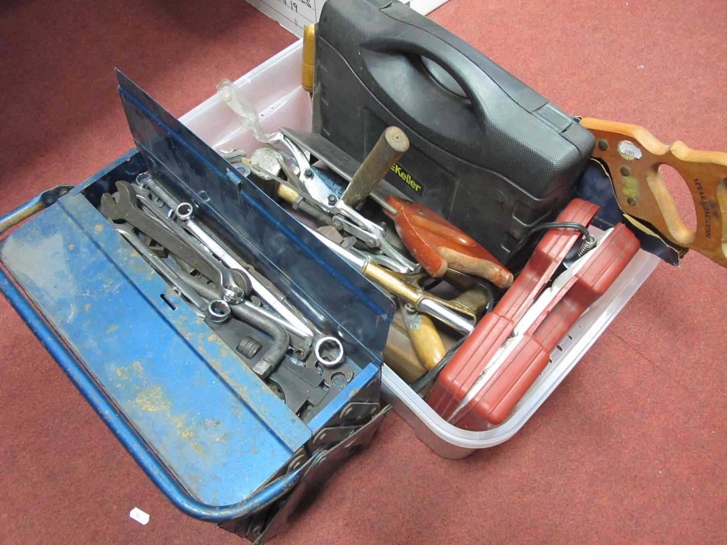 Tools - Spear & Jackson saws, soldering kit, McKeller drill, plane, spanners, club hammer etc, metal
