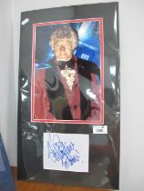 Dr Who, John Pertwee Autograph, blue pen signed (unverified) on white paper, with image of him as an