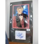 Dr Who, John Pertwee Autograph, blue pen signed (unverified) on white paper, with image of him as an