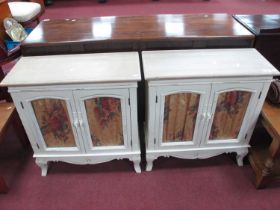 A Pair of White Painted Shabby Chic Cabinets, with glazed doors and shaped apron on cabriole legs,