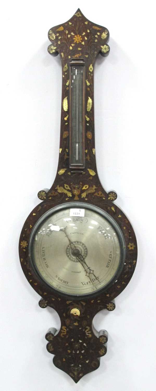 A Late XIX Century Banjo Barometer, the rosewood case inset with mother of pearl and metal wire with - Image 2 of 7