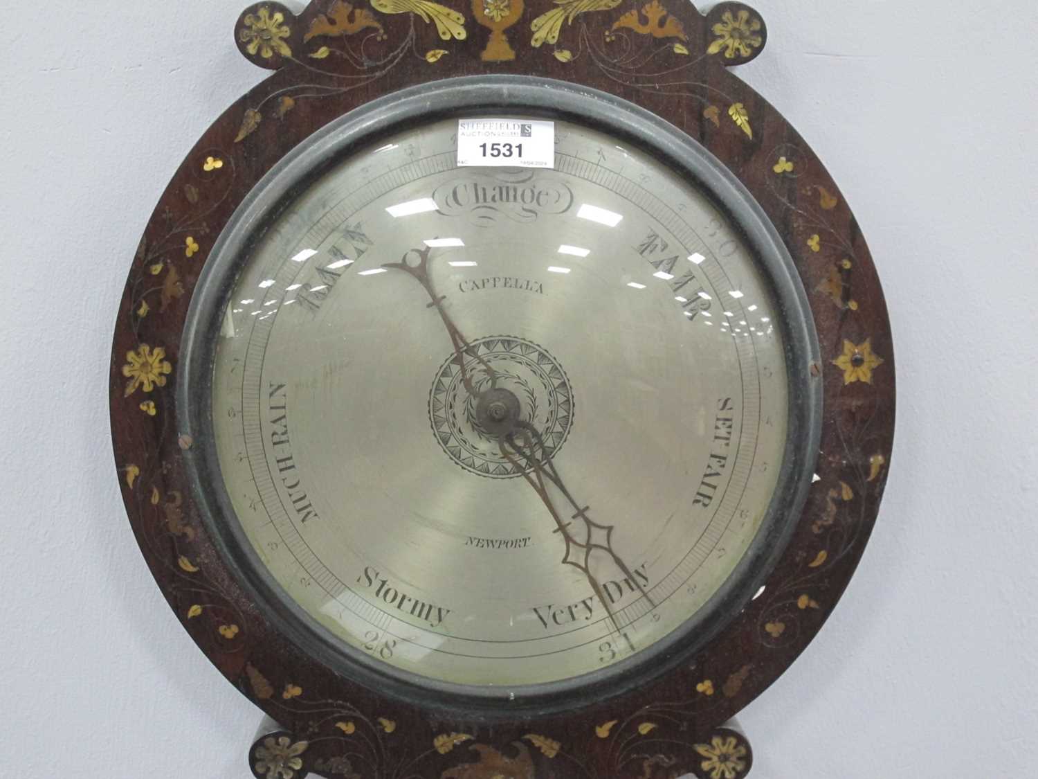 A Late XIX Century Banjo Barometer, the rosewood case inset with mother of pearl and metal wire with - Image 7 of 7