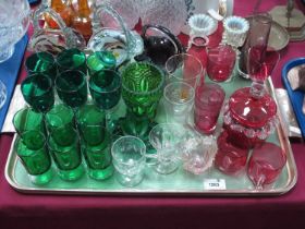 Glassware - Cranberry lidded jar, custard and wine glasses, frill vaseline vases 14cm high, baskets,