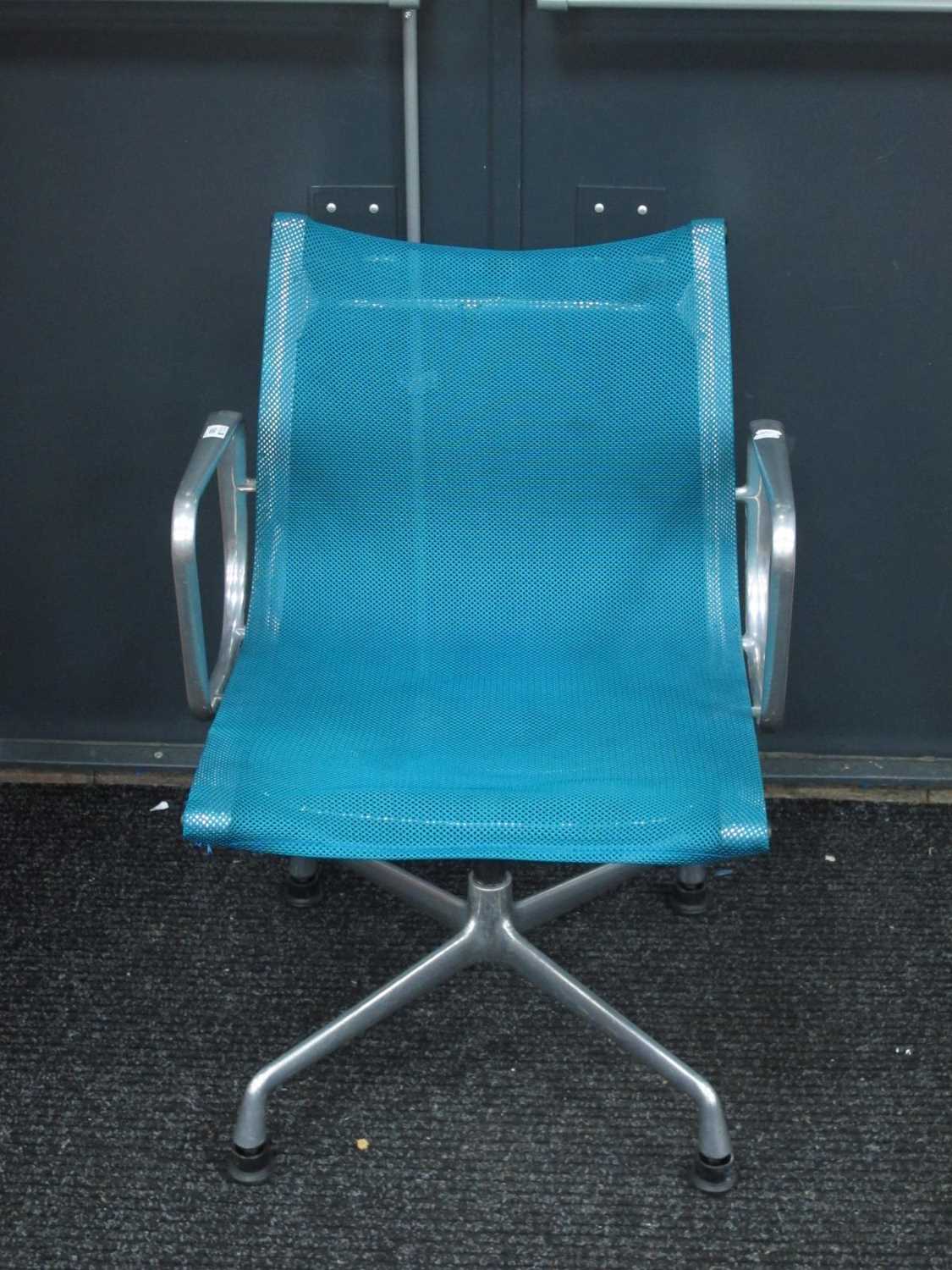 Charles Eames EA 107 Aluminium Side Chair, upholstered in a turquoise mesh fabric, black label to