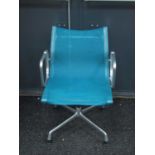 Charles Eames EA 107 Aluminium Side Chair, upholstered in a turquoise mesh fabric, black label to