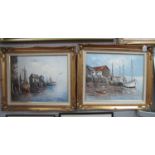 Mid to Late XX Century Impressionist Harbour Scenes, with moored boats, pair of oils on canvas, 39.5
