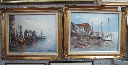 Mid to Late XX Century Impressionist Harbour Scenes, with moored boats, pair of oils on canvas, 39.5
