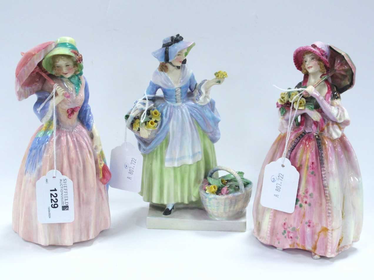Royal Doulton Figurines 'Miss Demure', 'Spring Flowers' and June (body damaged). (3)