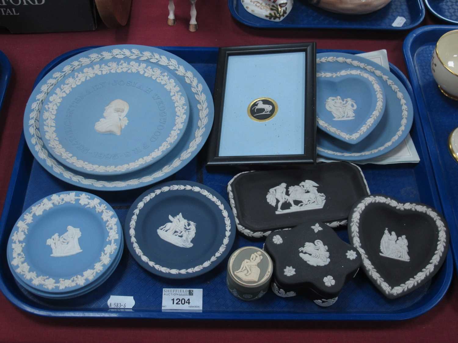 Wedgwood Jasperware Plaques and Trinkets, various colours:- One Tray.