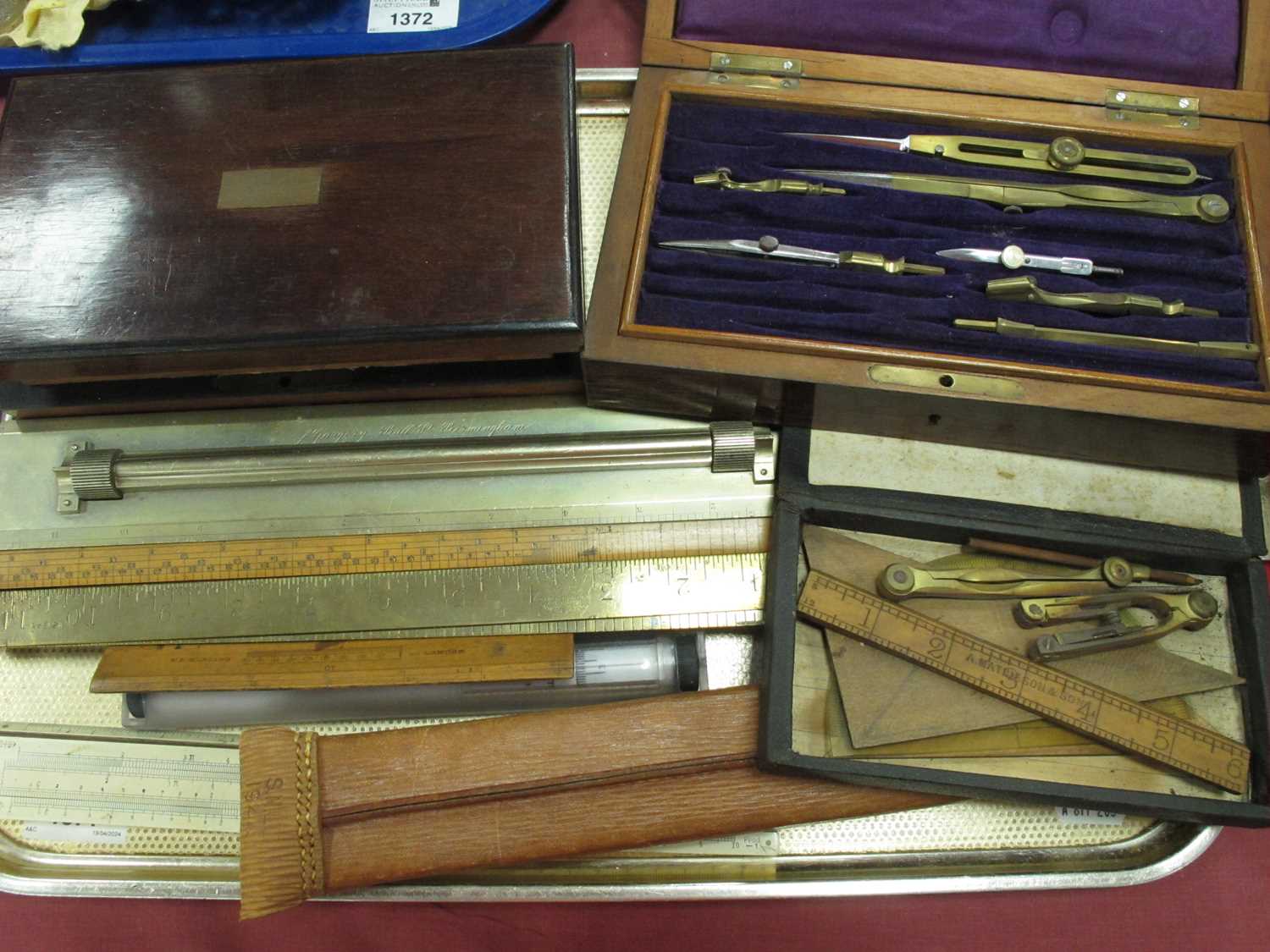 Drawing Instruments in Rosewood Boxes, P. Gargory, Bull St, Birmingham, ruler, slide ruler, etc:-