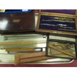 Drawing Instruments in Rosewood Boxes, P. Gargory, Bull St, Birmingham, ruler, slide ruler, etc:-