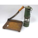 A Painted Miners Lamp, and an early XX Century guillotine paper trimmer (2).