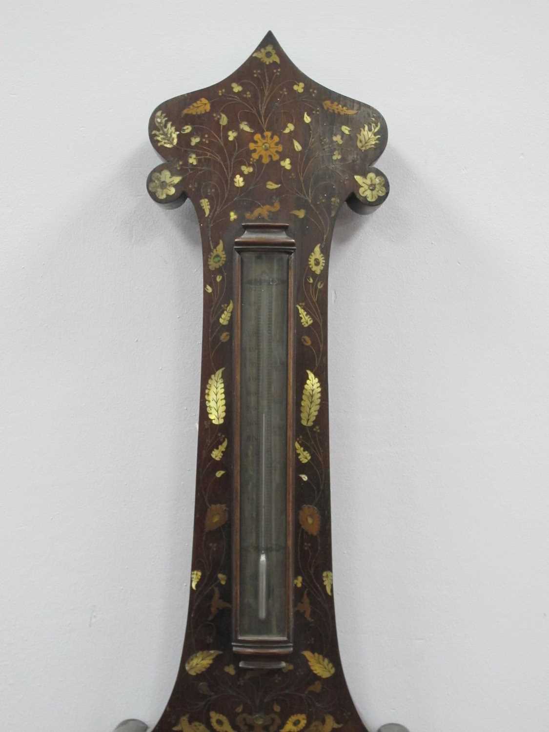 A Late XIX Century Banjo Barometer, the rosewood case inset with mother of pearl and metal wire with - Image 3 of 7