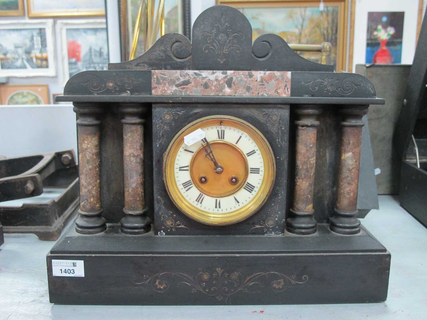 Late XIX century Black Slate and Marble Cased Mantel clock, of architectural form, eight-day