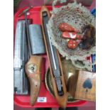 Canasta Box, pierced brass dish, loom, shoe tree, Royal Hampshire train, etc:- One Tray.