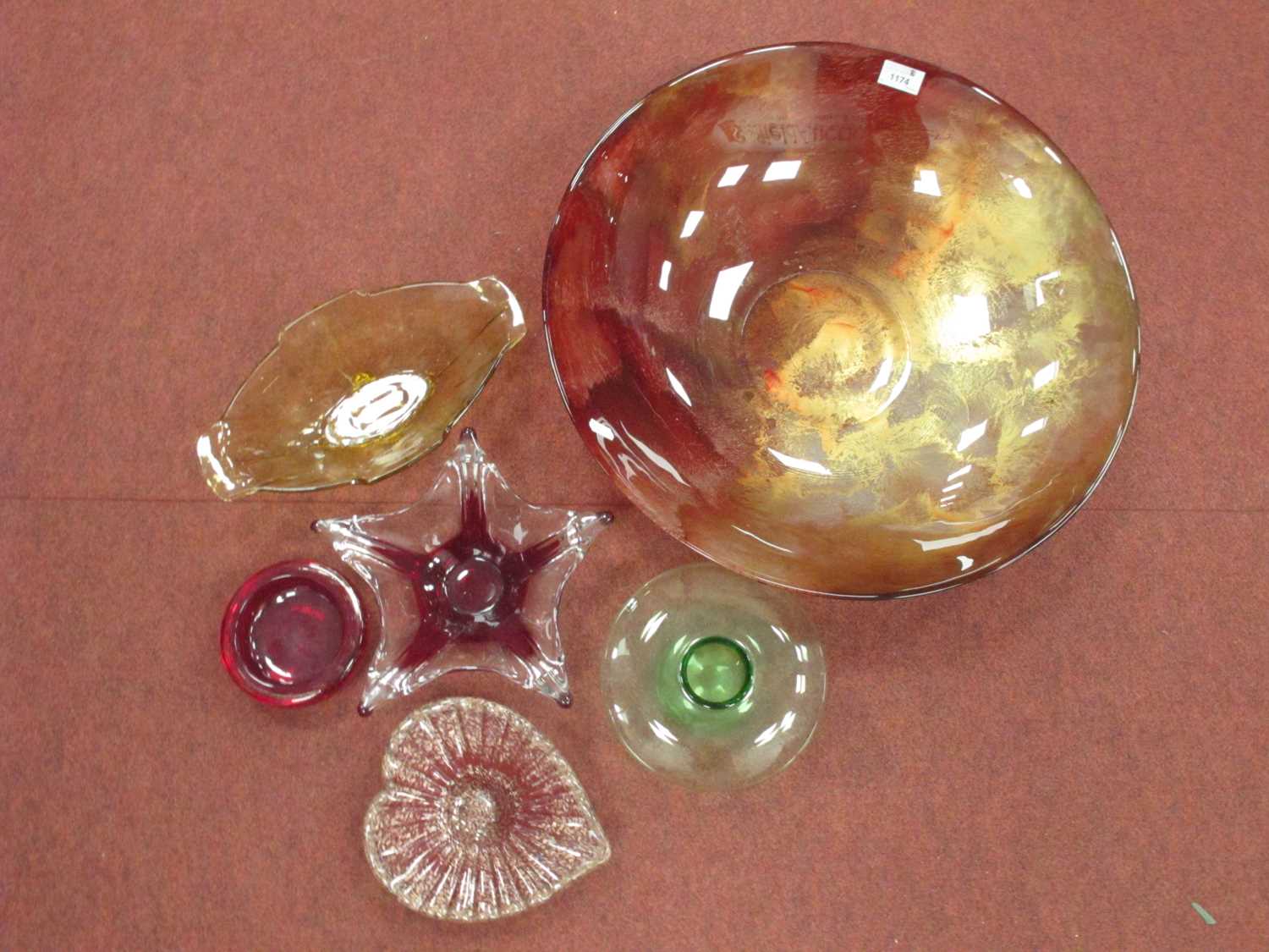 Heart Shaped Glass Dish, with coppered inclusions, ruby glass bowl, pentagonal bowl, large shallow