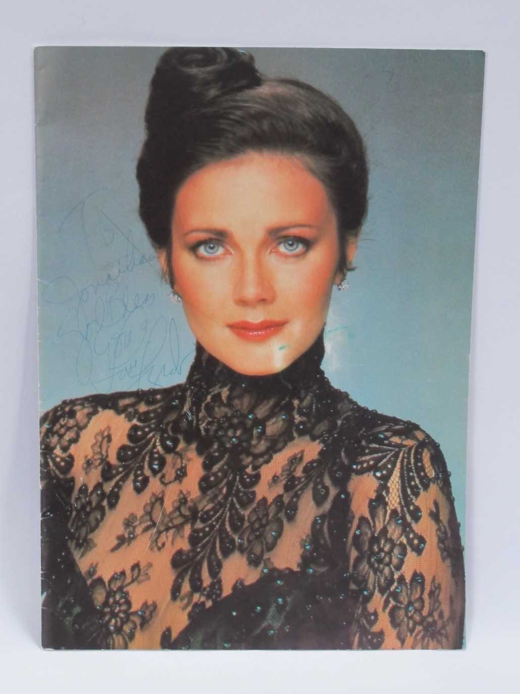 Lynda Carter, Autograph, blue pen signed (unverified) on the cover of a UK tour programme.