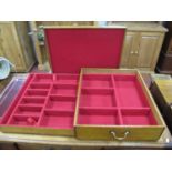 Large Oak Cutlery Box, with brass carry handles, inner tray and sectioned compartments, 15cm high,