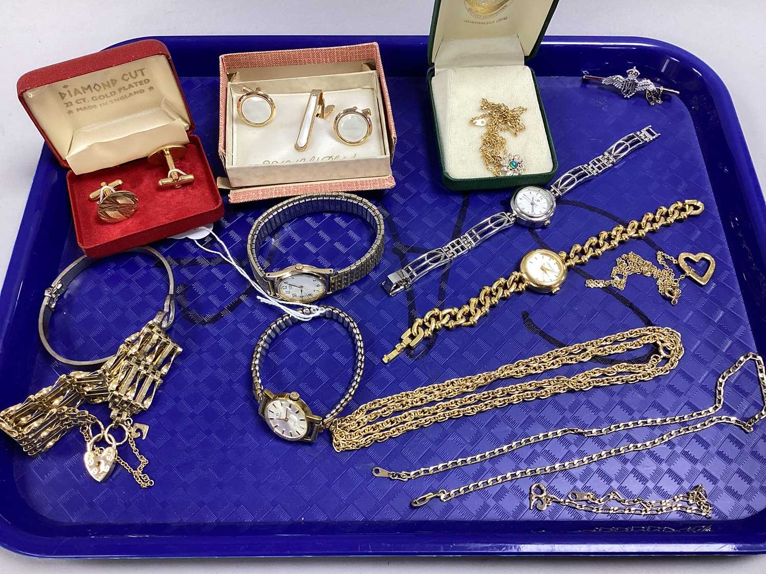 Omega and Other Ladies Wristwatches, gilt metal chains, gate link bracelet, sprung hinge bangle,