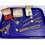 Omega and Other Ladies Wristwatches, gilt metal chains, gate link bracelet, sprung hinge bangle,