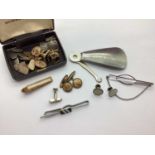 Harrods Vintage Shoe Horn / Button Hook, initialled and other cufflinks, tie clips.