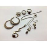 Modernist Style Single Stone Pendant, on chain, pair of textured hoop earrings, dress rings, drop