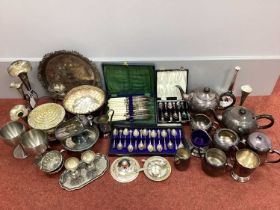 Assorted Plated Ware, including three piece tea set, epergne centrepiece, cased spoons, posy